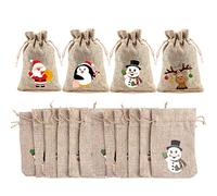 VEYLIN 12 Pieces Christmas Jute Burlap Bags,Christmas Drawstring Gift Bags Advent Calendar Burlap Bags for Xmas Party Supply