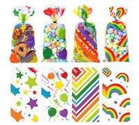 VEYLIN 120 Pcs Rainbow Cellophane Party Bags with 150 multicolor Twist Ties 4 Patterns, Clear Sweets Bags Cellophane Treat Bags Prefect for Birthday Wedding, Baby Shower, Party Supplies, 13 x 27 cm