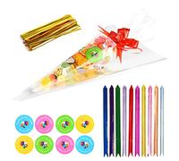 VEYLIN 50 Pieces Sweet Cones Party Bags - 14.5 x 7 Inches Clear Cellophane Candy Bags and Ties for Party Gift Wedding Birthday Favors with 60 Pieces Thank You Stickers (Ribbon)