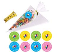 VEYLIN 50 Pieces Sweet Cones Party Bags - 14.5 x 7 Inches Clear Cellophane Candy Bags and Ties for Party Gift Wedding Birthday Favors with 60 Pieces Thank You Stickers