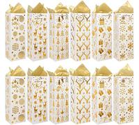 VEYLIN Bottle Gift Bag, 12 Pack Gold Christmas Wine Cover Bag with Handle and Tags for Winter Holiday Party Decoration