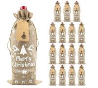 VEYLIN Burlap Wine Bags with Drawstring, 6 Pack Xmas Bottle Bags Hessian for Christmas Party Supplies Winter Holiday