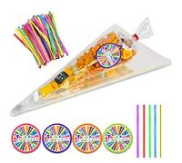 VEYLIN Cellophane Sweets Cone Bags, 100 Pieces Clear Cone Bags with 108 Pieces Stickers 150 Twist Ties for Party Birthday (13 x 25CM)