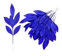 VEYLIN Christmas Blue Glitter Bay Leaf, 12 Pcs Artificial Christmas Tree Picks Sprays for Tree Wreath Swag Floral Arrangement Bouquet Decoration (Blue)