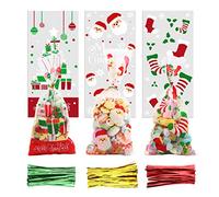 VEYLIN Christmas Cellophane Treat,120 Pack Clear Sweet Bags with 150 Twist Tie for Xmas Party Supplies, 3 Styles