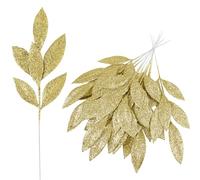VEYLIN Christmas Glitter Bay Leaf, 12 Pcs Artificial Tree Picks Sprays for Tree Wreath Floral Wedding Bouquet Decoration (Gold)