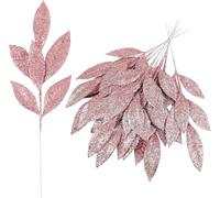 VEYLIN Christmas Glitter Bay Leaf, 12Pcs Artificial Pink Christmas Tree Picks Sprays for Christmas Tree Wreath Floral Wedding Bouquet Table Centerpiece Decoration(Pink)