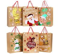 VEYLIN Christmas Kraft Gift Bags, 12 Bronzing Xmas Paper Present Treat Candy Bags with Handles for Christmas Party Supplies