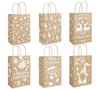 VEYLIN Christmas Krfat Gift Bags, 12 Xmas Kraft Paper Present Treat Candy Bags with Handle Tags for Party Supplies (5.9 x 3.54 x 9.05 Inch), White/Brown