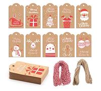 VEYLIN Christmas Paper Tags, 100 Xmas Kraft Paper Name Hanging Labels with 65 Yard Twines