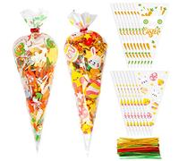 VEYLIN Easter Clear Cone Treat Bags, 100 Pieces Cookie Candy Bags with Carrot and Eggs Patterns，17 x 30 CM Sweet Cone Bags with 120 Twist Ties For Easter Gift Packaging Party Favors,yellow-carrots