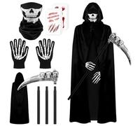 VEYLIN Halloween Grim Reaper Costume with Hooded Cloak, Skull Mask, Skeleton Gloves, Scythe, Grim Reaper Outfit for Halloween 130 cm Black Robe