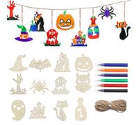 VEYLIN 24 Pieces Halloween Crafts for Kids Wooden Hanging Tags Ornament Decoration DIY Supplies