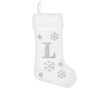 VEYLIN Personalised Christmas Stocking with Letter L, White Plush with Silver Snowflakes, 48 cm Large