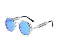 VFDHN Steampunk Sunglasses Men Round Red Lens Punk Black Metal Gothic Style Women Uv400(5 Silver Mirror Blue)