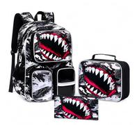 VFGNP 3PCS Backpack for Boys Set, 17-inch Boys Backpack with Lunch Box, Water Resistant Kids School Bookbag for Preschool & Kindergarten - Shark Big Mouth Black