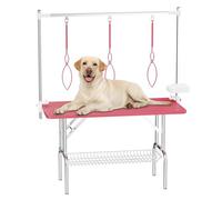 VFK 36''/47''Large Dog Grooming Table, Foldable Pet Station at Home, Dog Grooming Table,Adjustable Cat Drying Desktop with Arms, Nooses, Mesh Tray (Stainless Steel pet Table, 47" Pink)