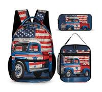 VFKLT 3 Pcs Backpack Set 4th Of July Patriotic Trucks Travel Bag Portable Casual Daypack Sports Backpacks with Lunch Box Pencil Case, 4th of July Patriotic Trucks, One Size, Rucksack Backpacks