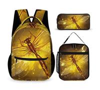 VFKLT 3 Pcs Backpack Set Abstract Yellow Dragonfly Travel Bag Portable Casual Daypack Sports Backpacks with Lunch Box Pencil Case, Abstract Yellow Dragonfly, One Size, Rucksack Backpacks