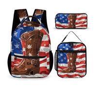 VFKLT 3 Pcs Backpack Set American Flag with Cowboy Boots Travel Bag Portable Casual Daypack Sports Backpacks with Lunch Box Pencil Case, American Flag With Cowboy Boots, One Size, Rucksack Backpacks