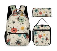 VFKLT 3 Pcs Backpack Set Atomic Stars Retro Pattern Travel Bag Portable Casual Daypack Sports Backpacks with Lunch Box Pencil Case, Atomic Stars Retro Pattern, One Size, Rucksack Backpacks