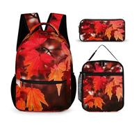 VFKLT 3 Pcs Backpack Set Autumn Fall Red Maple Leaves Travel Bag Portable Casual Daypack Sports Backpacks with Lunch Box Pencil Case, Autumn Fall Red Maple Leaves, One Size, Rucksack Backpacks