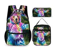 VFKLT 3 Pcs Backpack Set Bear Dancing Tie Dye Travel Bag Portable Casual Daypack Sports Backpacks with Lunch Box Pencil Case, Bear Dancing Tie Dye, One Size, Rucksack Backpacks