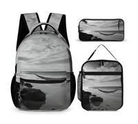 VFKLT 3 Pcs Backpack Set Black And White Beach Travel Bag Portable Casual Daypack Sports Backpacks with Lunch Box Pencil Case, Black and White Beach, One Size, Rucksack Backpacks