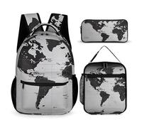 VFKLT 3 Pcs Backpack Set Black And White World Map Travel Bag Portable Casual Daypack Sports Backpacks with Lunch Box Pencil Case, Black and White World Map, One Size, Rucksack Backpacks
