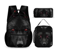 VFKLT 3 Pcs Backpack Set Black Red Eyed Wolf Travel Bag Portable Casual Daypack Sports Backpacks with Lunch Box Pencil Case, Black Red Eyed Wolf, One Size, Rucksack Backpacks