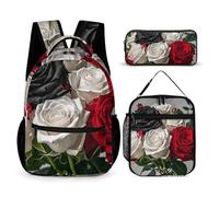 VFKLT 3 Pcs Backpack Set Black White And Red Roses Travel Bag Portable Casual Daypack Sports Backpacks with Lunch Box Pencil Case, Black White and Red Roses, One Size, Rucksack Backpacks