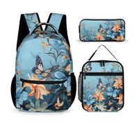 VFKLT 3 Pcs Backpack Set Blue Butterfly Floral Travel Bag Portable Casual Daypack Sports Backpacks with Lunch Box Pencil Case, Blue Butterfly Floral, One Size, Rucksack Backpacks