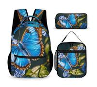 VFKLT 3 Pcs Backpack Set Blue Butterfly Travel Bag Portable Casual Daypack Sports Backpacks with Lunch Box Pencil Case, Blue Butterfly, One Size, Rucksack Backpacks