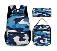 VFKLT 3 Pcs Backpack Set Blue Camouflage Print Travel Bag Portable Casual Daypack Sports Backpacks with Lunch Box Pencil Case, Blue Camouflage Print, One Size, Rucksack Backpacks