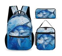 VFKLT 3 Pcs Backpack Set Blue Fish Travel Bag Portable Casual Daypack Sports Backpacks with Lunch Box Pencil Case, Blue Fish, One Size, Rucksack Backpacks