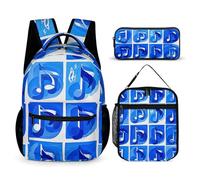 VFKLT 3 Pcs Backpack Set Blue Musical Notes Travel Bag Portable Casual Daypack Sports Backpacks with Lunch Box Pencil Case, Blue Musical Notes, One Size, Rucksack Backpacks