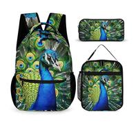 VFKLT 3 Pcs Backpack Set Blue Peacock Travel Bag Portable Casual Daypack Sports Backpacks with Lunch Box Pencil Case, Blue Peacock, One Size, Rucksack Backpacks