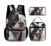 VFKLT 3 Pcs Backpack Set Boston Terrier Travel Bag Portable Casual Daypack Sports Backpacks with Lunch Box Pencil Case, Boston Terrier, One Size, Rucksack Backpacks