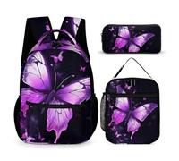 VFKLT 3 Pcs Backpack Set Butterfly Purple Travel Bag Portable Casual Daypack Sports Backpacks with Lunch Box Pencil Case, Butterfly Purple, One Size, Rucksack Backpacks