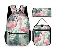 VFKLT 3 Pcs Backpack Set Cartoon Flamingo Leaves Travel Bag Portable Casual Daypack Sports Backpacks with Lunch Box Pencil Case, Cartoon Flamingo Leaves, One Size, Rucksack Backpacks