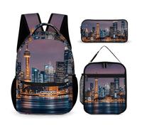 VFKLT 3 Pcs Backpack Set City Picture Night Travel Bag Portable Casual Daypack Sports Backpacks with Lunch Box Pencil Case, City Picture Night, One Size, Rucksack Backpacks