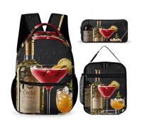 VFKLT 3 Pcs Backpack Set Cocktail Glasses And Wine Bottles Travel Bag Portable Casual Daypack Sports Backpacks with Lunch Box Pencil Case, Cocktail Glasses and Wine Bottles, One Size, Rucksack