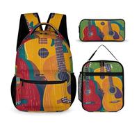VFKLT 3 Pcs Backpack Set Color Acoustic And Guitars Travel Bag Portable Casual Daypack Sports Backpacks with Lunch Box Pencil Case, Color Acoustic and Guitars, One Size, Rucksack Backpacks