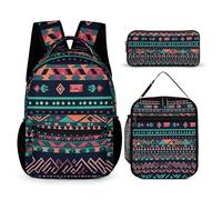 VFKLT 3 Pcs Backpack Set Colorful Aztec Pattern Travel Bag Portable Casual Daypack Sports Backpacks with Lunch Box Pencil Case, Colorful Aztec Pattern, One Size, Rucksack Backpacks