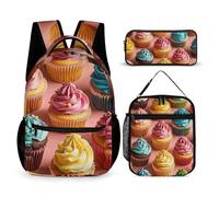 VFKLT 3 Pcs Backpack Set Colorful Cupcakes Travel Bag Portable Casual Daypack Sports Backpacks with Lunch Box Pencil Case, Colorful Cupcakes, One Size, Rucksack Backpacks