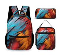 VFKLT 3 Pcs Backpack Set Colorful Feathers Travel Bag Portable Casual Daypack Sports Backpacks with Lunch Box Pencil Case, Colorful Feathers, One Size, Rucksack Backpacks