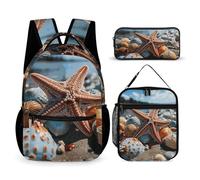 VFKLT 3 Pcs Backpack Set Colorful Starfish on The Beach Travel Bag Portable Casual Daypack Sports Backpacks with Lunch Box Pencil Case, Colorful Starfish on the Beach, One Size, Rucksack Backpacks