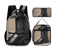 VFKLT 3 Pcs Backpack Set Cowboy Black Hat Western Boots Travel Bag Portable Casual Daypack Sports Backpacks with Lunch Box Pencil Case, Cowboy Black Hat Western Boots, One Size, Rucksack Backpacks