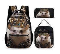 VFKLT 3 Pcs Backpack Set Crown with Hedgehog Travel Bag Portable Casual Daypack Sports Backpacks with Lunch Box Pencil Case, Crown With Hedgehog, One Size, Rucksack Backpacks