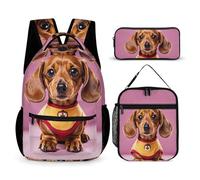 VFKLT 3 Pcs Backpack Set Cute Dachshund Duggee Travel Bag Portable Casual Daypack Sports Backpacks with Lunch Box Pencil Case, Cute Dachshund Duggee, One Size, Rucksack Backpacks